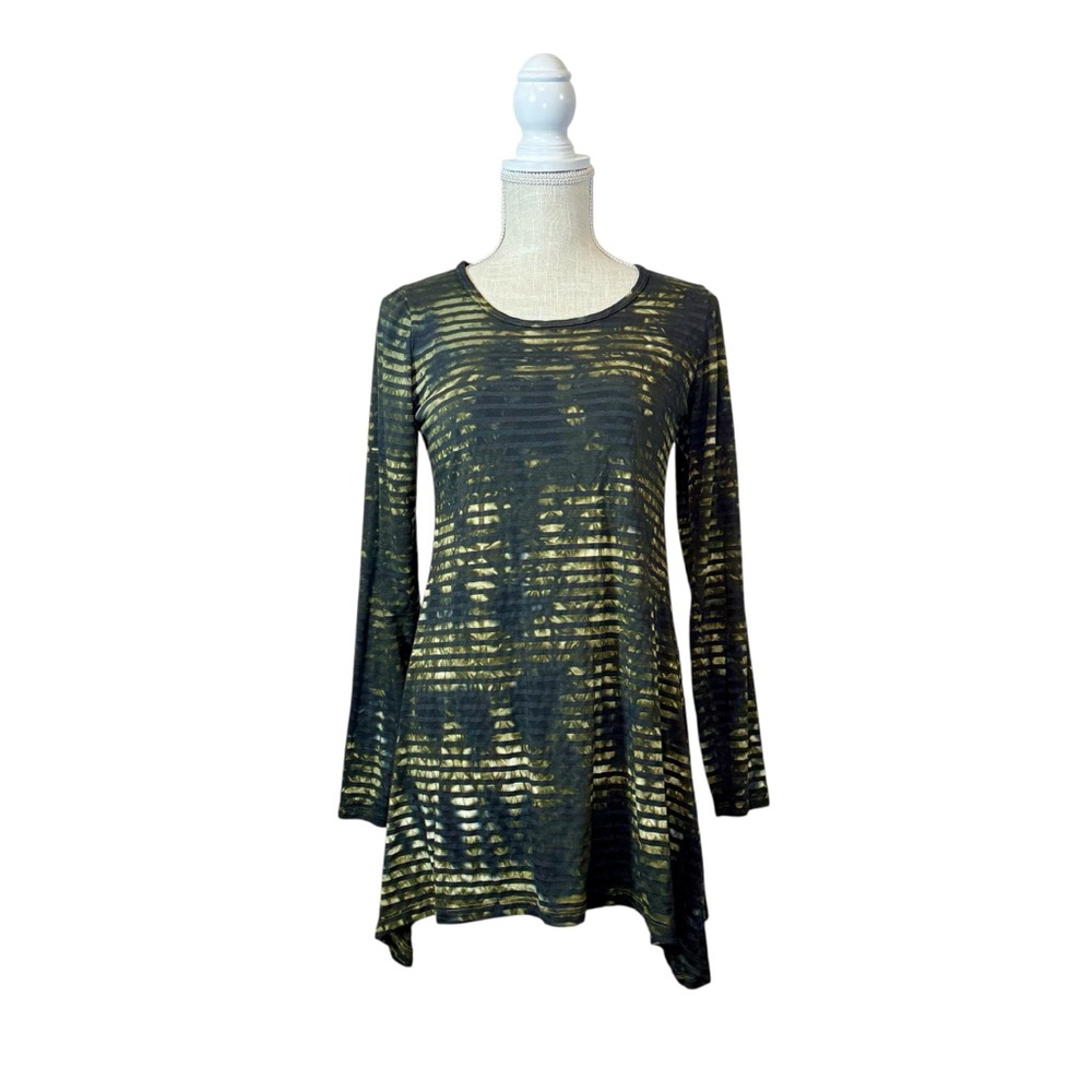 Luna Luz Tunic Top Artsy Tie Dye Striped Sz S Lagenlook‎ Green Black Long Sleeve
